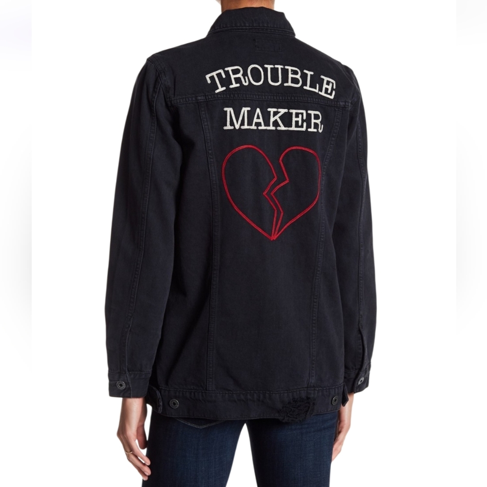 Lucky Brand Trouble Maker Distressed Jean Jacket Size Small Black Embroidered